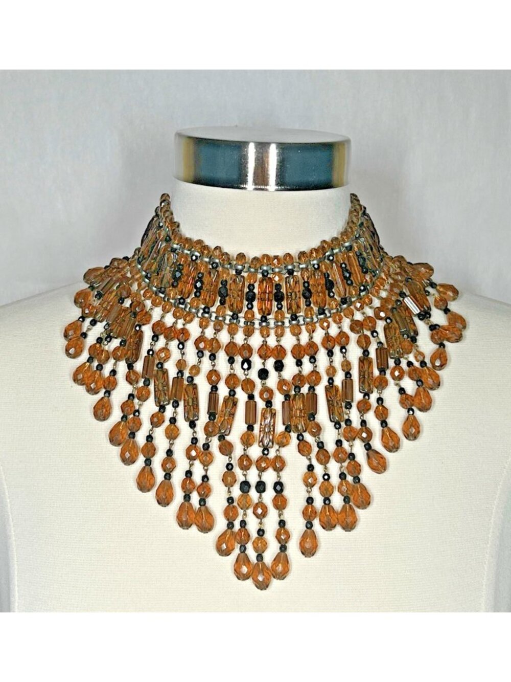 Vintage Amber Glass Beaded Choker Fringe Statement Necklace Collar Bib 15"-18”